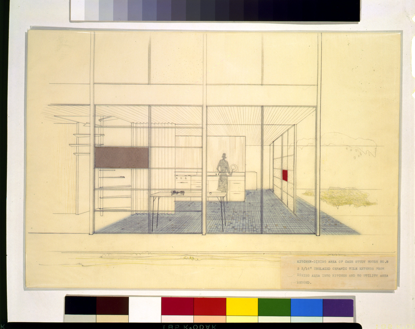 Kitchen-dining area of Case Study House No. 8. 2 3/16 unglazed ceramic tile extends from dining area into kitchen and to utility area beyond", [ca. 1948] — historic drawing