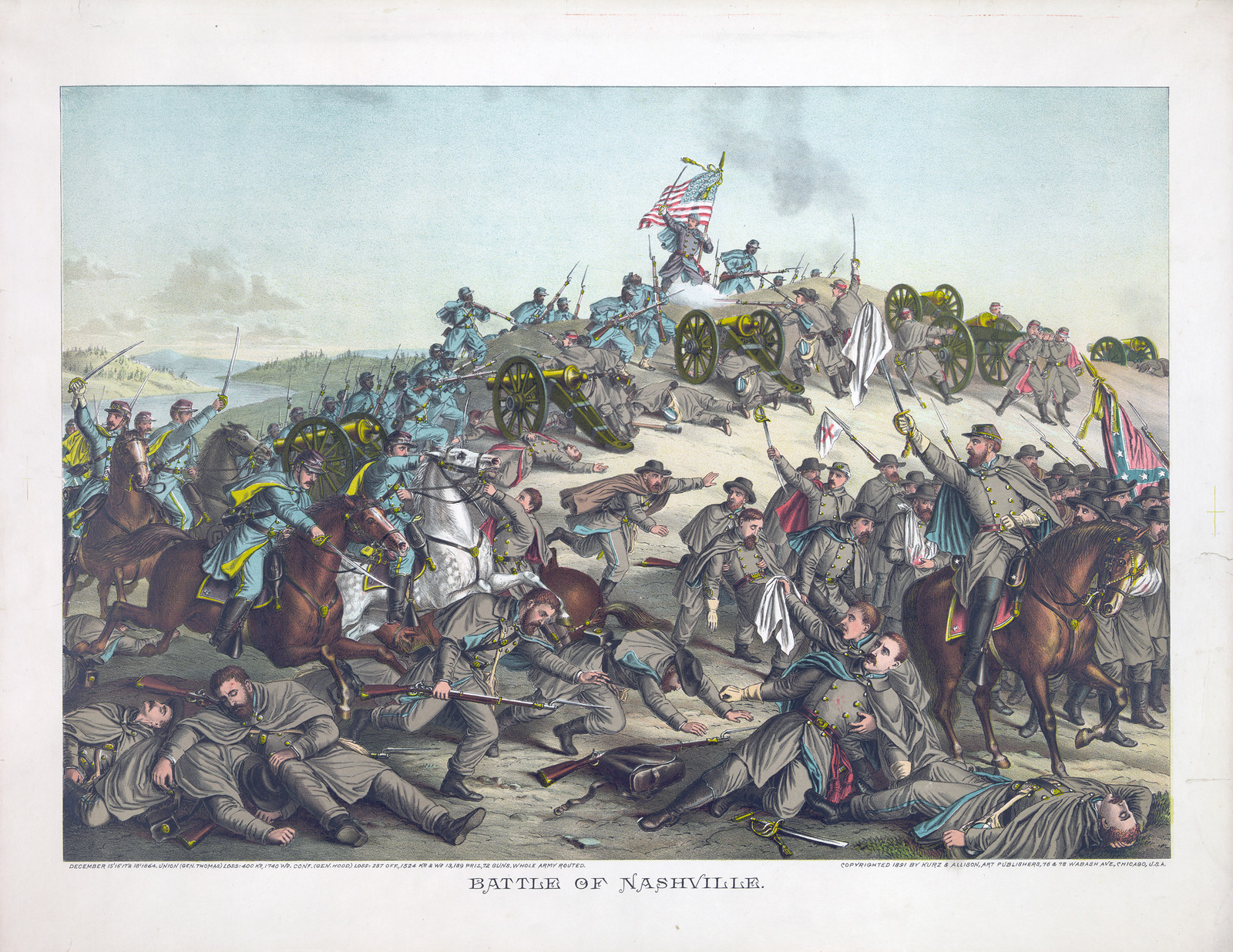 Battle of Nashville, chromolithograph by Kurz & Allison — antique lithograph
