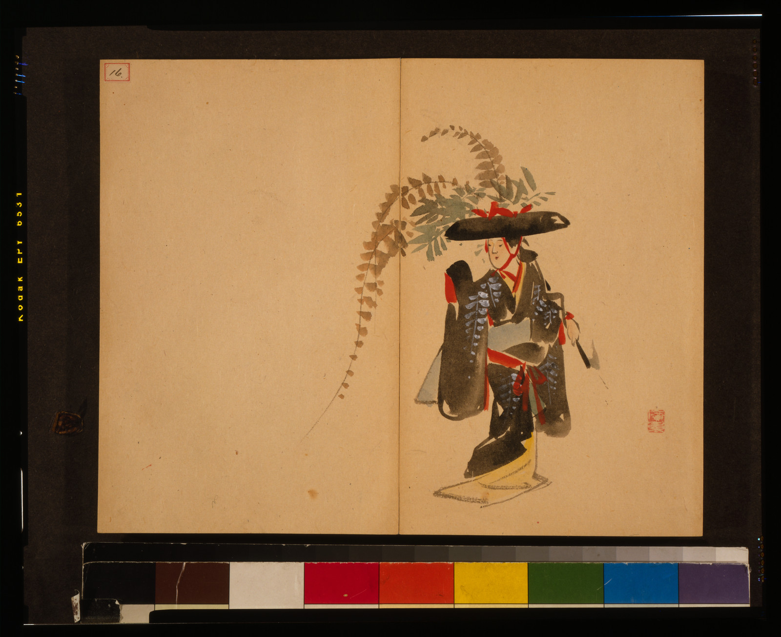 Figure in dark kimono under a fern branch, Japanese painting — historic print