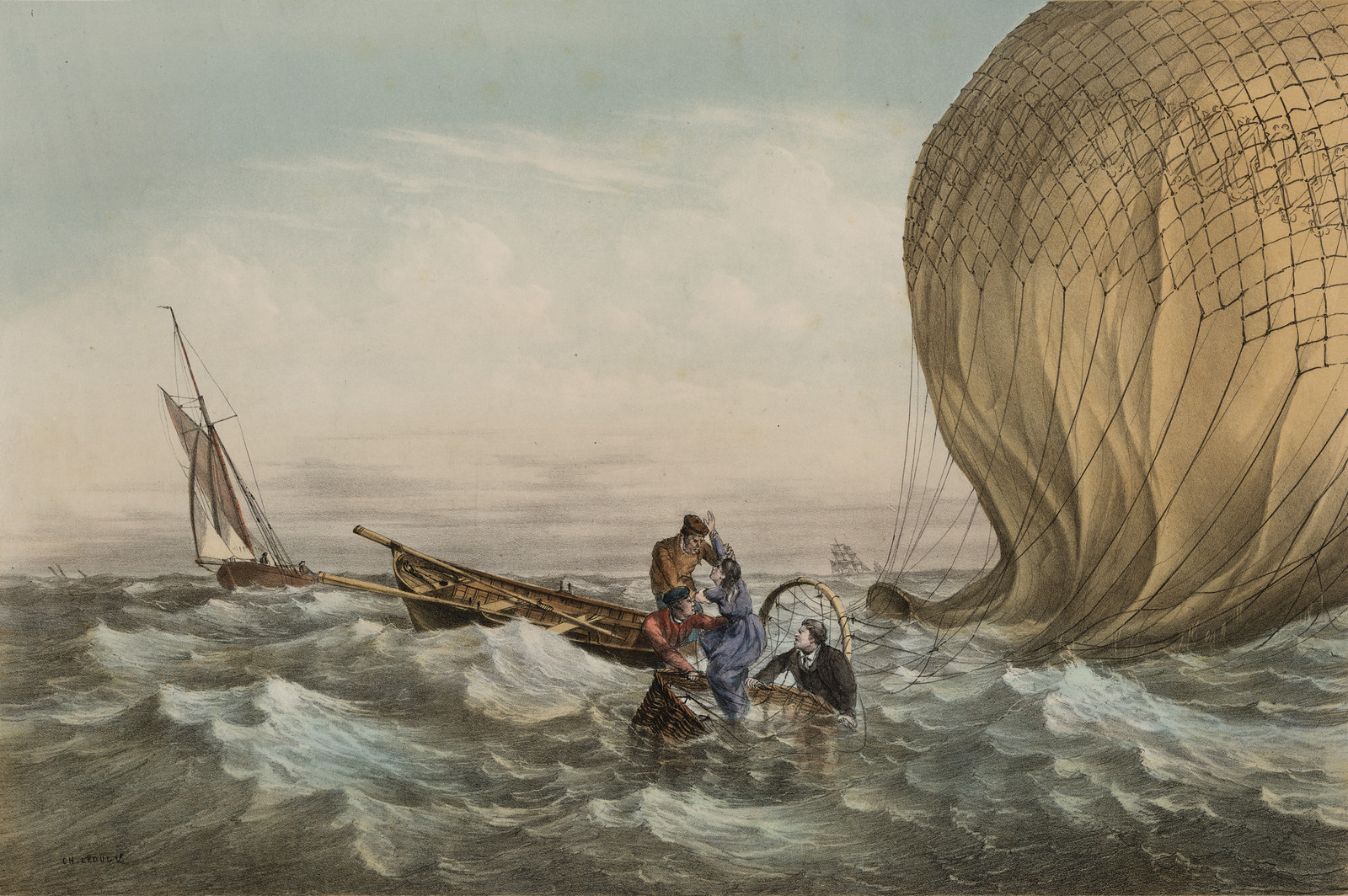 Balloon crew rescued from rough sea by boat — historic image