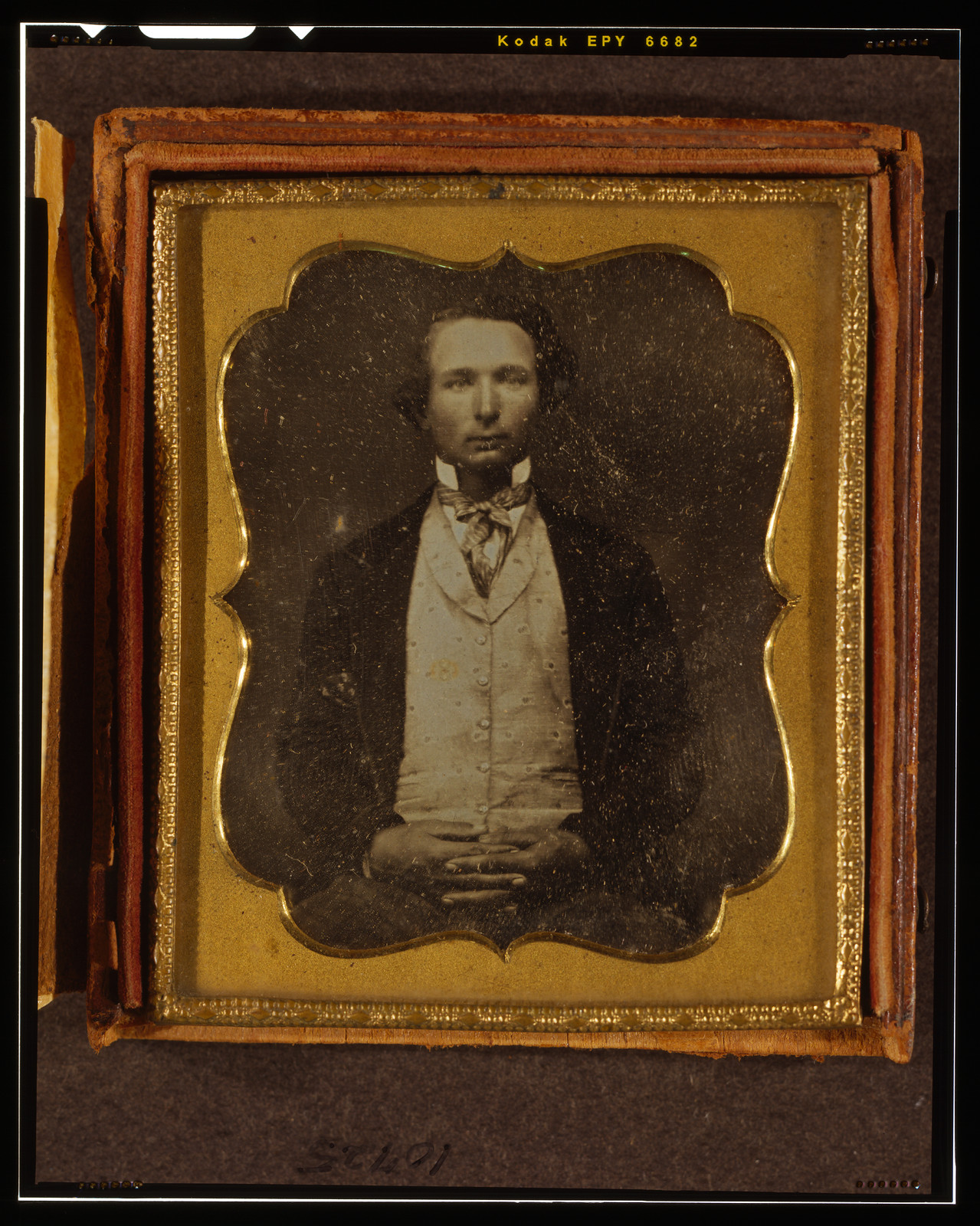 Unidentified man, half-length daguerreotype portrait in gold case, 1840 — historic photograph