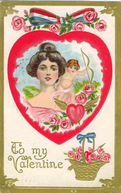 Valentine card with woman, cupid and roses — historic image