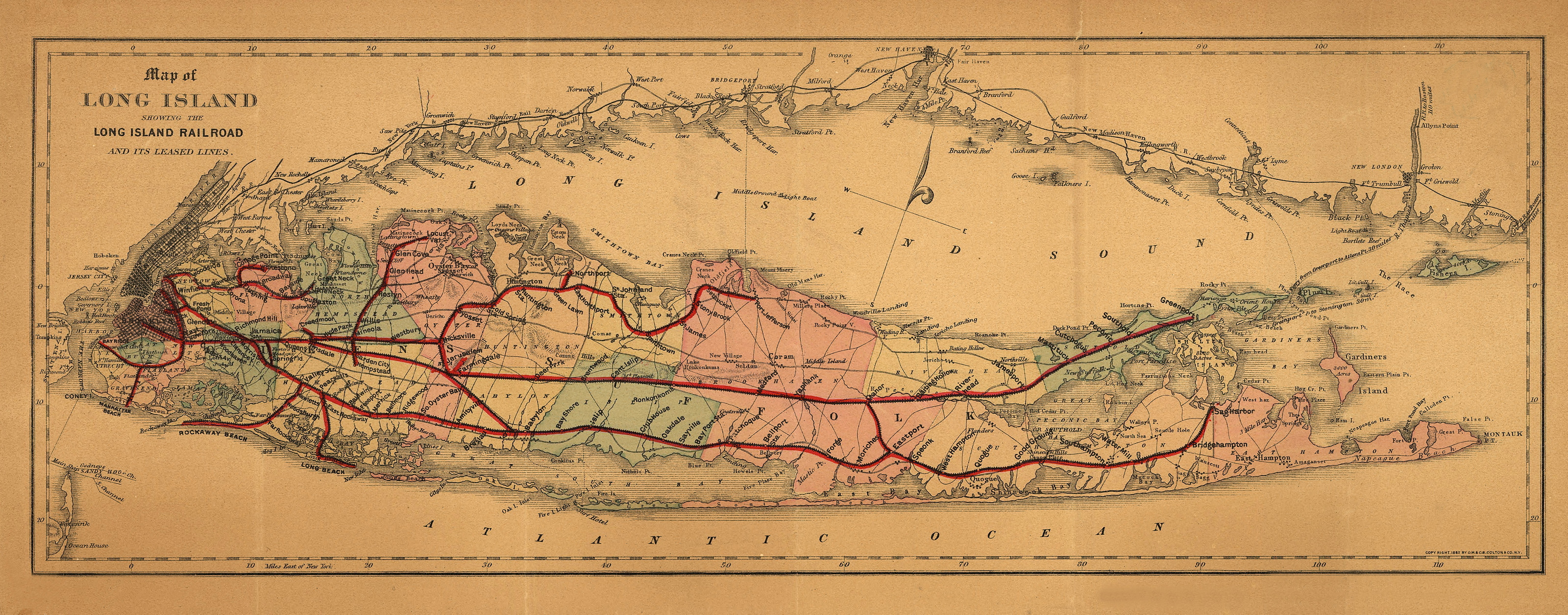 Long Island Railroad, New York, 1882, 1882 — antique map