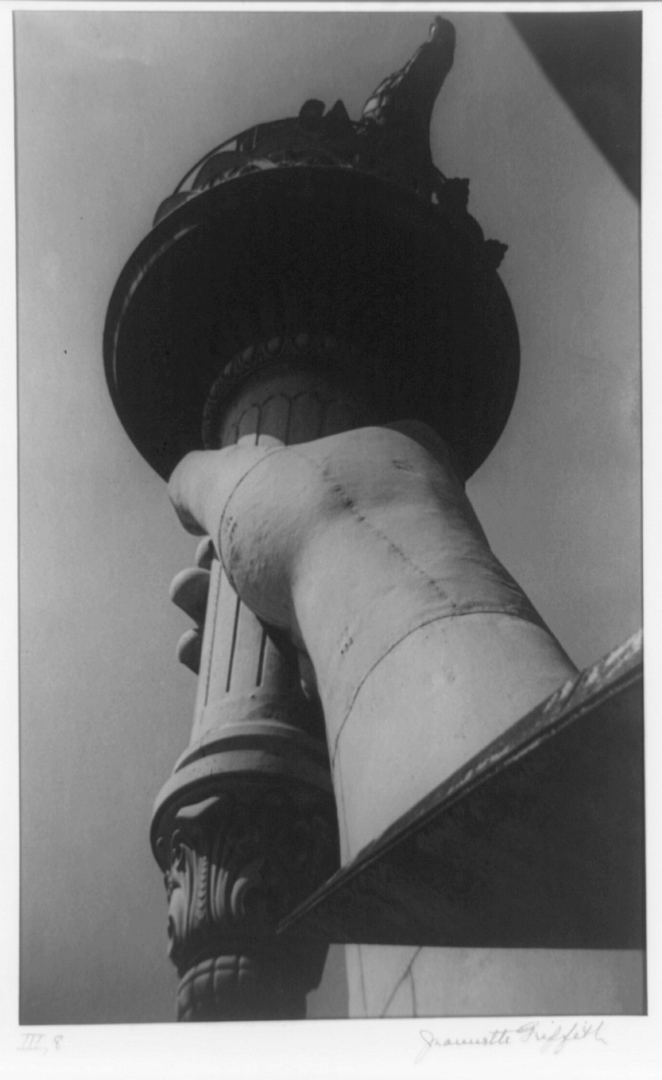 [Statue of Liberty: Metal flame of torch and arm], [1938?] — historic photograph