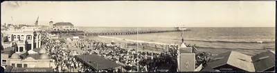 Crowded beach and long pier panorama, Long Beach, California