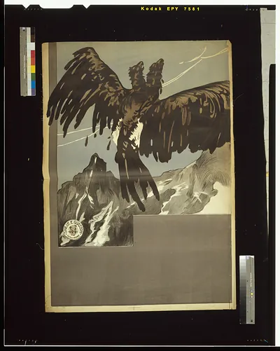 [Eagle attacking double-headed Austrian imperial eagle in mid-air over mountains]