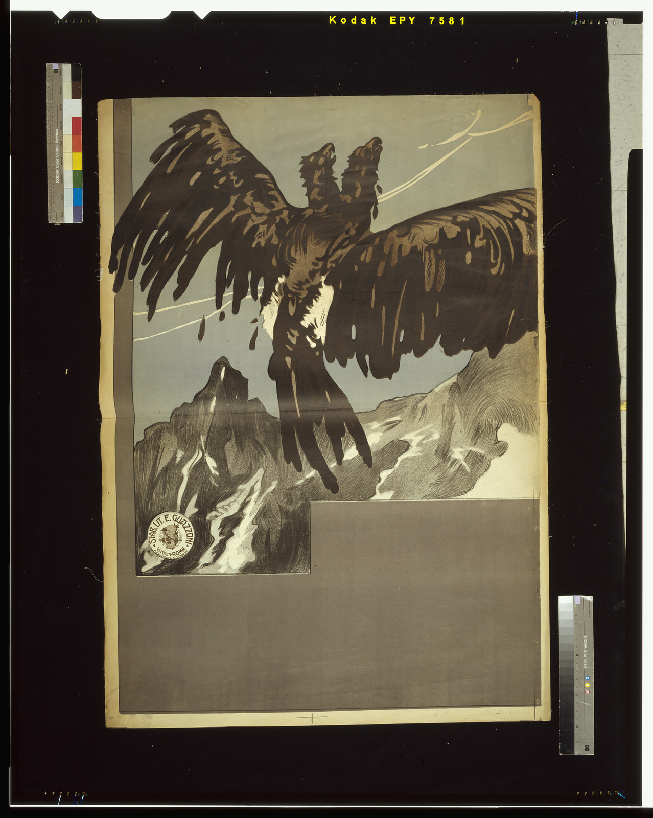 [Eagle attacking double-headed Austrian imperial eagle in mid-air over mountains], 1918 — vintage poster