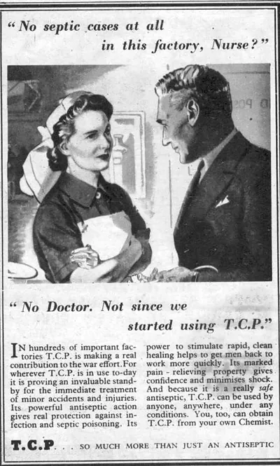 Wartime advertisement for T.C.P. antiseptic with nurse and factory worker