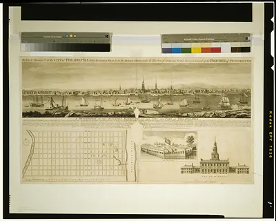 An east prospect of the city of Philadelphia; taken by George Heap from the Jersey shore, under the direction of Nicholas Scull surveyor general of the Province of Pennsylvania / engrav'd by T. Jefferys.
