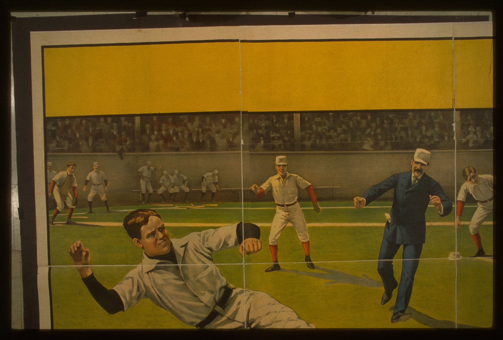 [Baseball player sliding into second base as throw arrives from third base], Cincinnati ; New York : The Strobridge Lith. Co., c1898 Mar. 17. — vintage poster