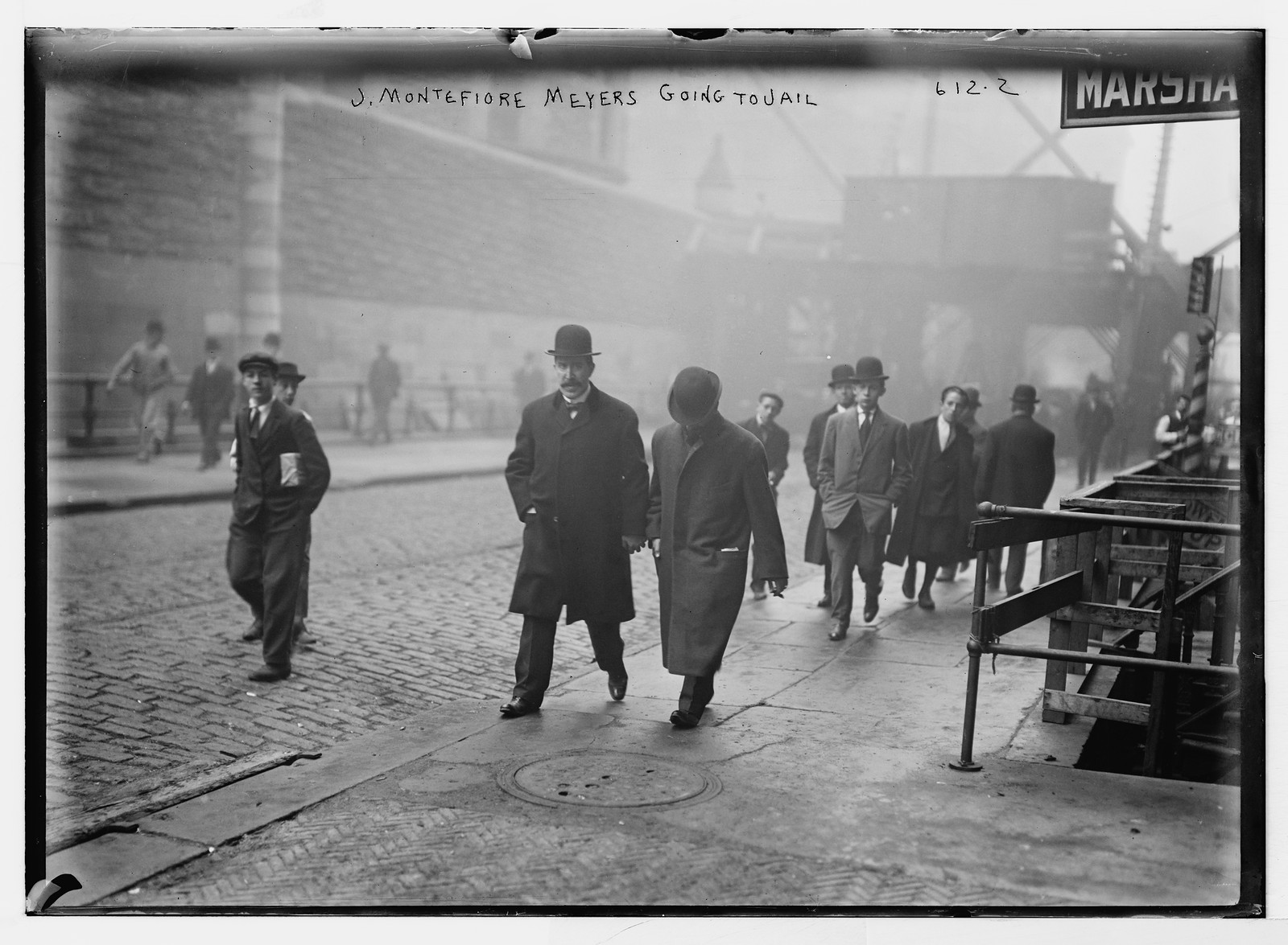 J. Montefiore Meyers being accompanied to jail, New York, n/a — historic photograph