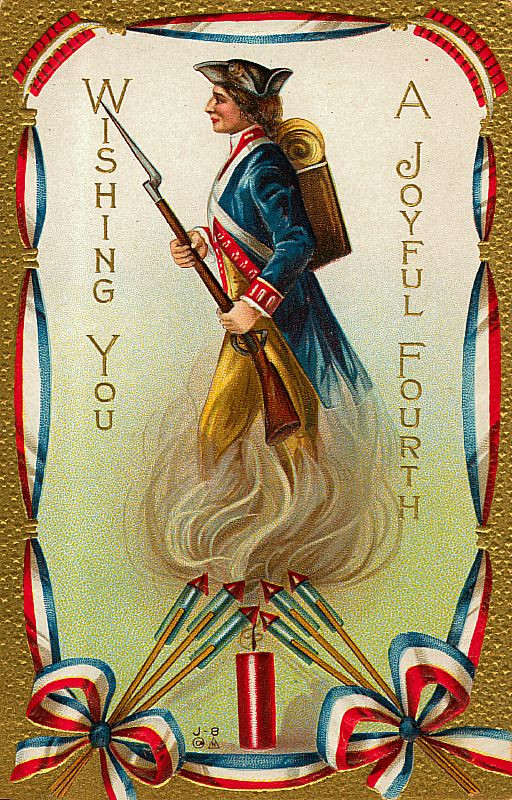 Wishing You A Joyful Fourth, patriotic postcard with minuteman — vintage postcard