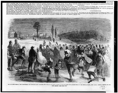 Out of door sports - the Caledonian and Thistle clubs playing the Scottish national game of curling upon the frozen pond in the Central Park, New York / from a sketch by our own artist.