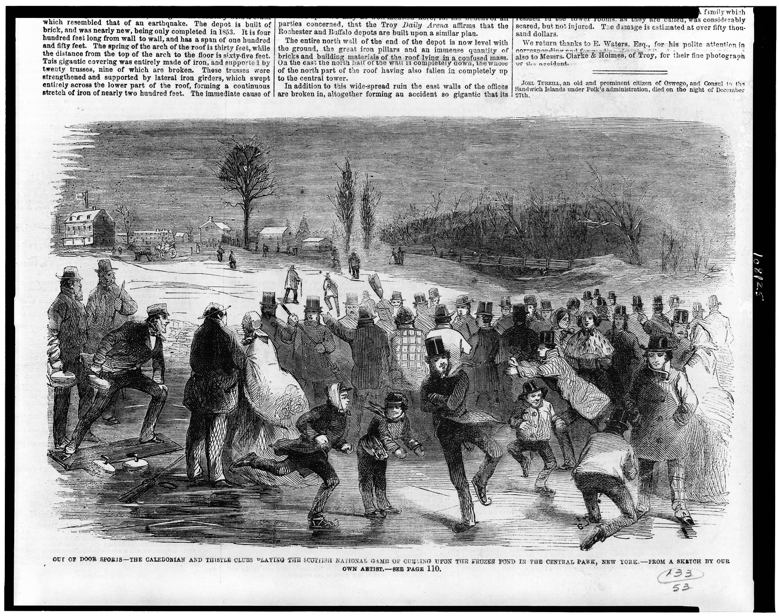 Out of door sports - the Caledonian and Thistle clubs playing the Scottish national game of curling upon the frozen pond in the Central Park, New York / from a sketch by our own artist., 1860 Jan. 14. — antique engraving