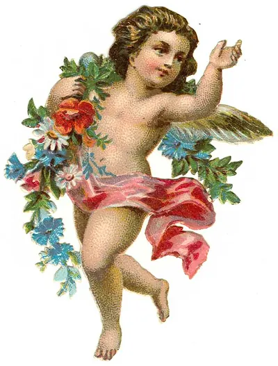 Cherub with flowers and pink drapery, chromolithograph scrap