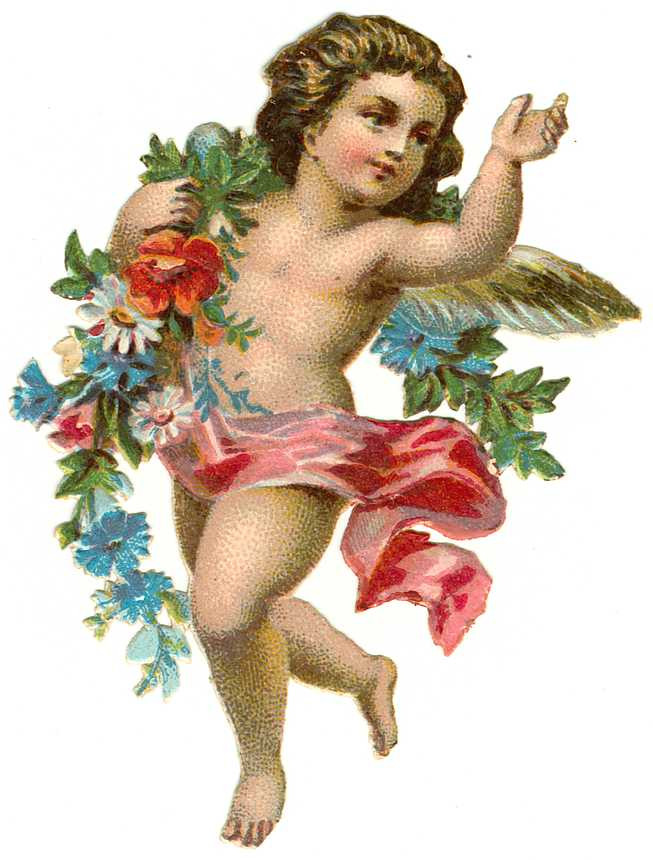 Cherub with flowers and pink drapery, chromolithograph scrap — antique lithograph