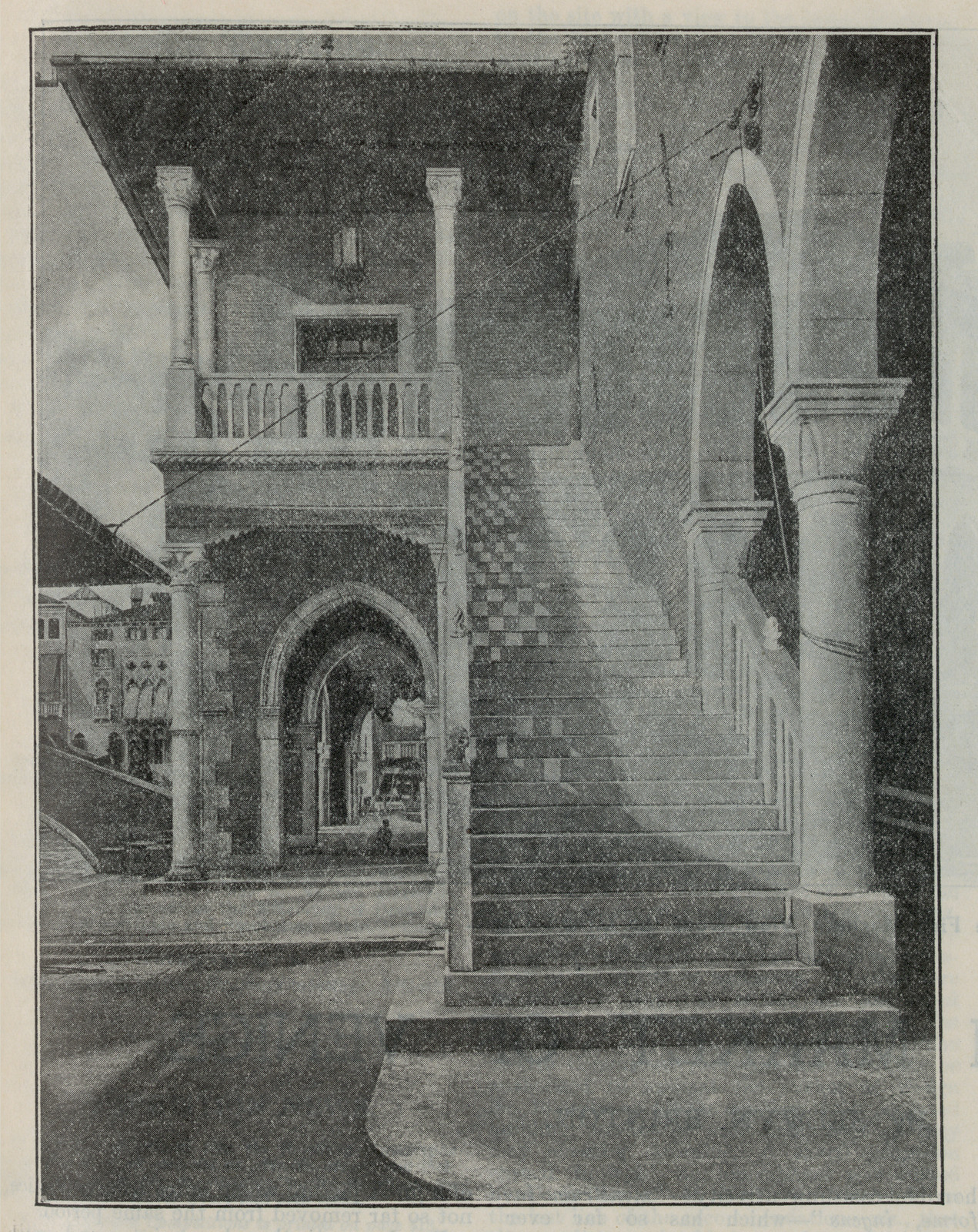 Venetian stairway and arcade in a stone building — historic image