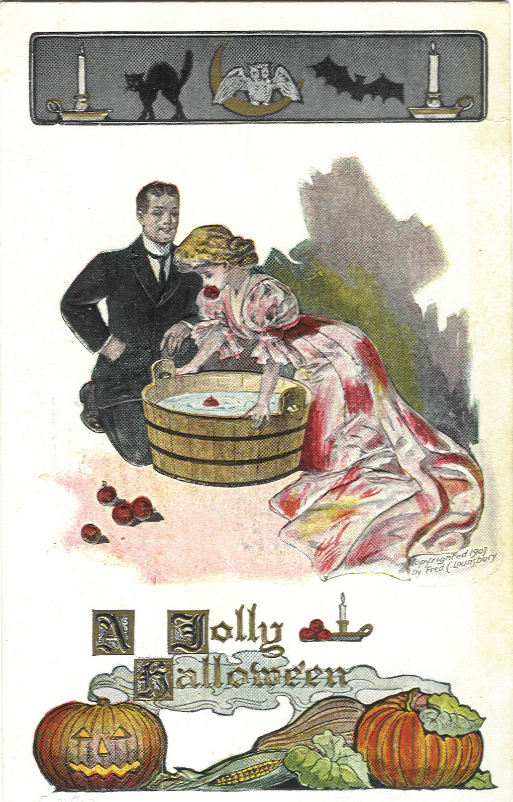 A Jolly Halloween postcard, bobbing for apples, 1907 — vintage postcard