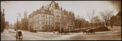 Panoramic street corner with large hotel and horse carriages, Boston