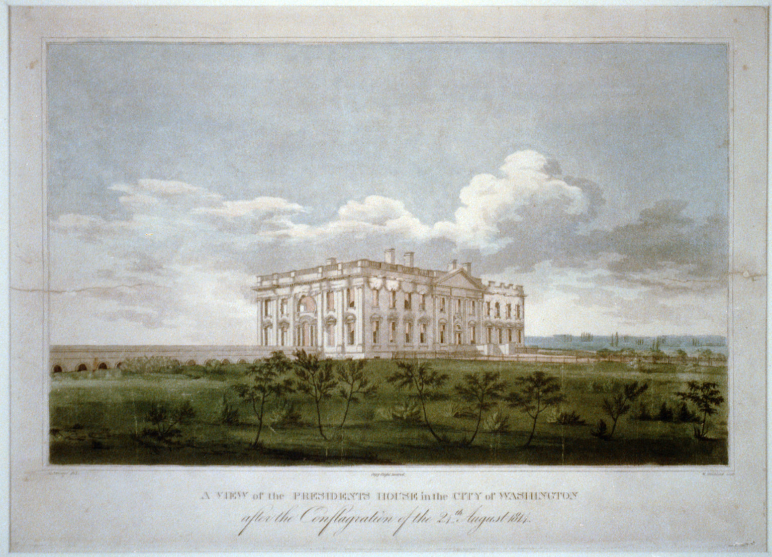 A view of the Presidents house in the city of Washington after the conflagration of the 24th August 1814 / G. Munger del. ; W. Strickland sculp., 1814 — historic print