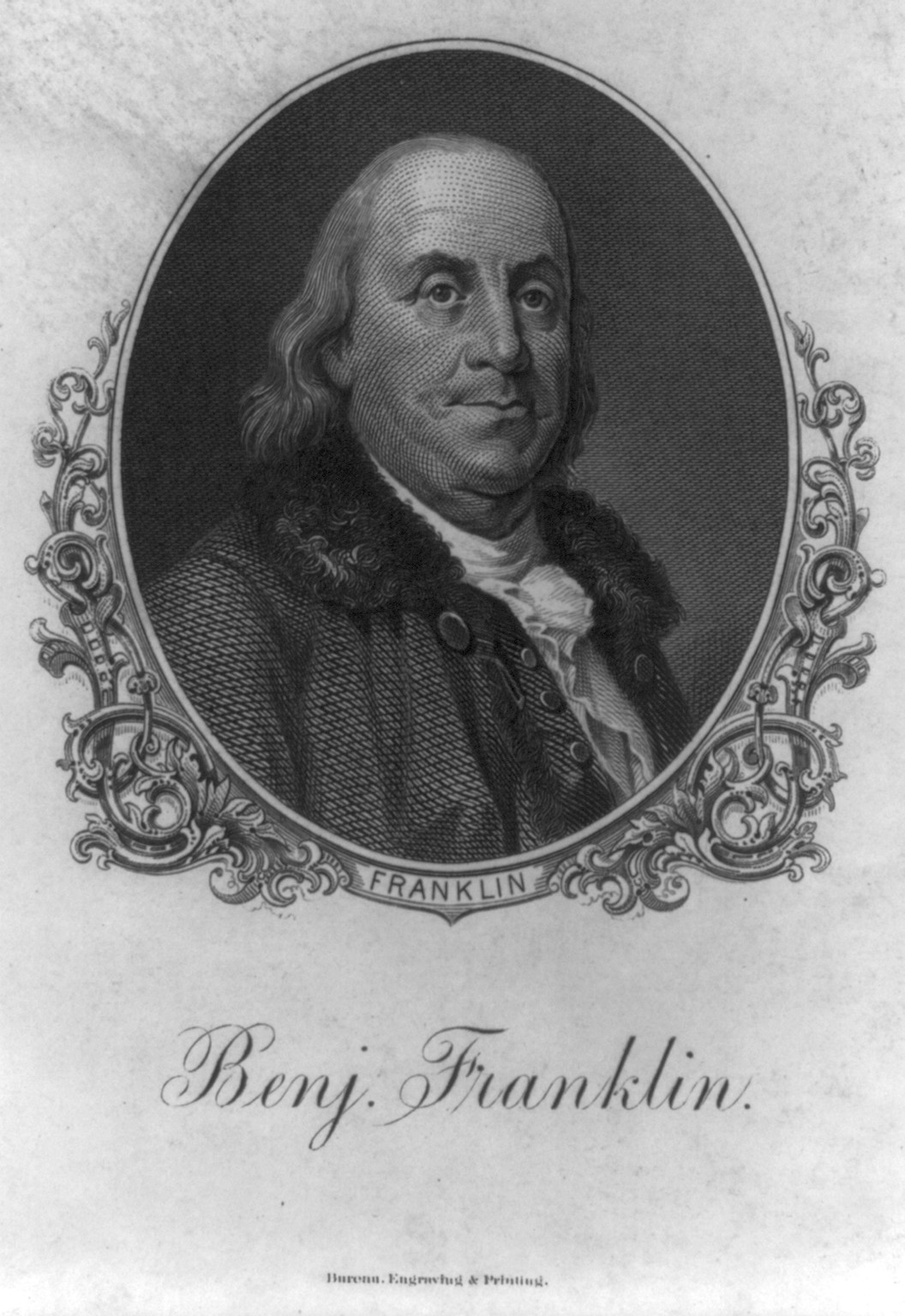 [Benjamin Franklin, 1706-1790, bust portrait, facing slightly right] — antique engraving