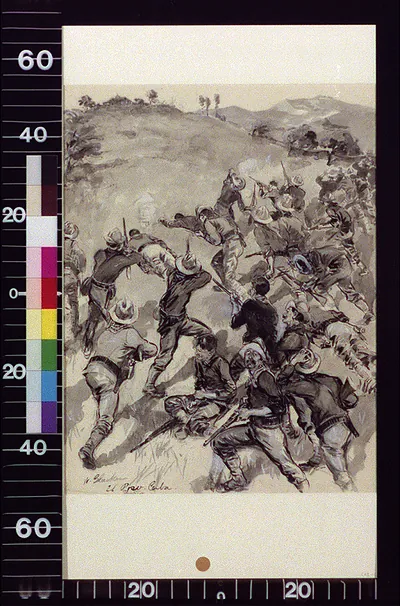 Soldiers in battle on a hillside, El Caney, Cuba
