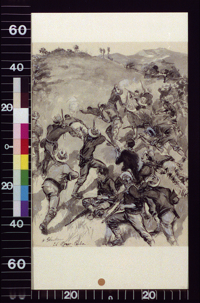 Soldiers in battle on a hillside, El Caney, Cuba — historic image