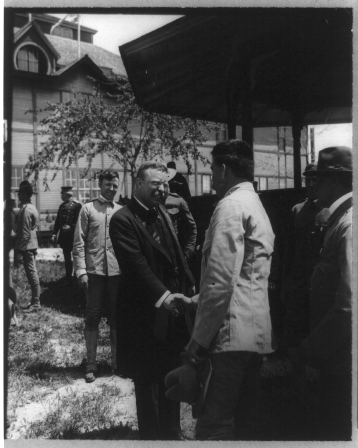 [Pres. Roosevelt greeting the boys" who fought in Cuba--"Rough Rider" reunion at San Antonio Texas]", c1905. — stereograph