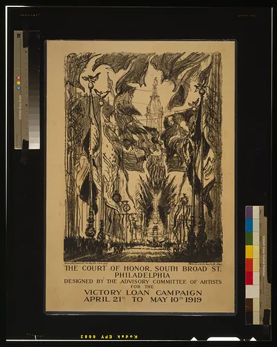 The court of honor South Broad St. Philadelphia designed by the Advisory Committee of Artists for the Victory Loan Campaign April 21st to May 10th 1919 / Joseph Pennell cur del sc 3.30.1919 Ketterlinus Litho Manufactory Imp.