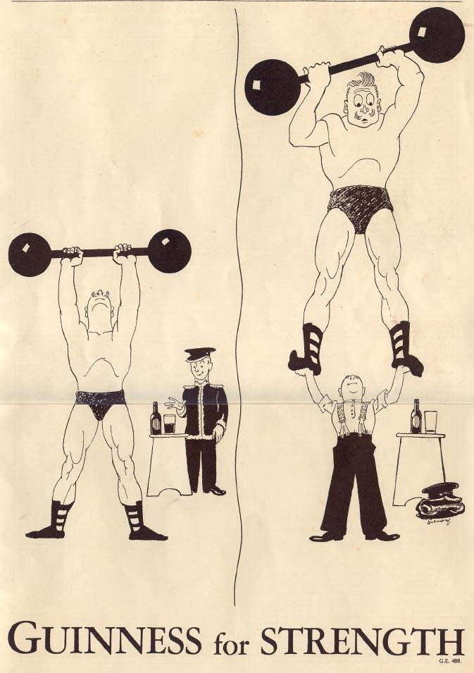 Guinness for Strength advertisement with weightlifters and waiter — historic image