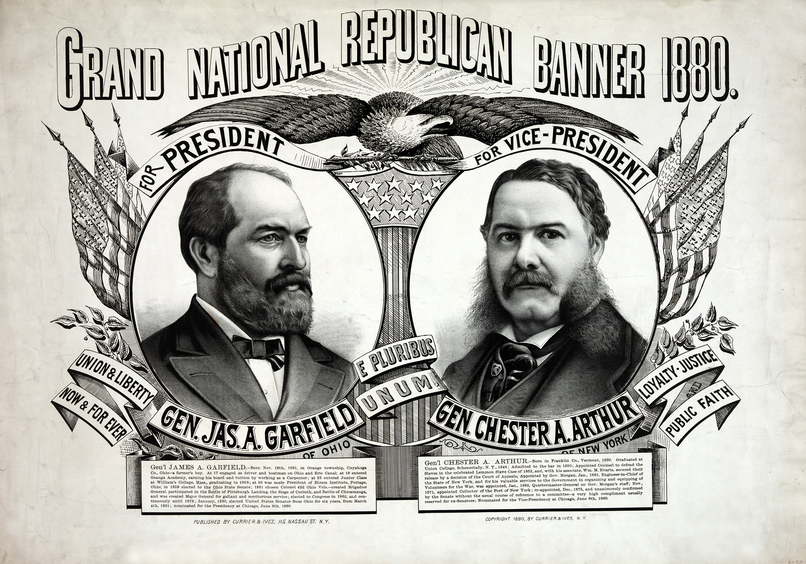 Grand National Republican Banner 1880, Garfield and Arthur campaign poster — vintage poster