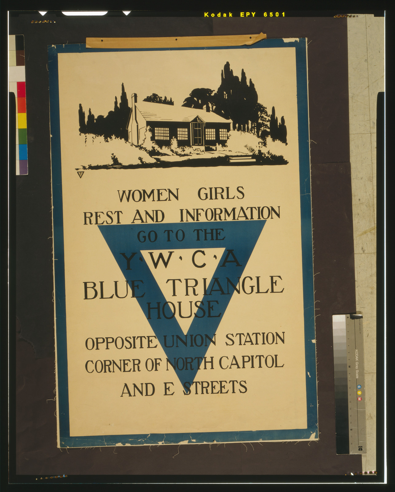 Women, girls - rest and information go to the YWCA blue triangle house opposite Union Station, [1917 or 1918]. — vintage poster