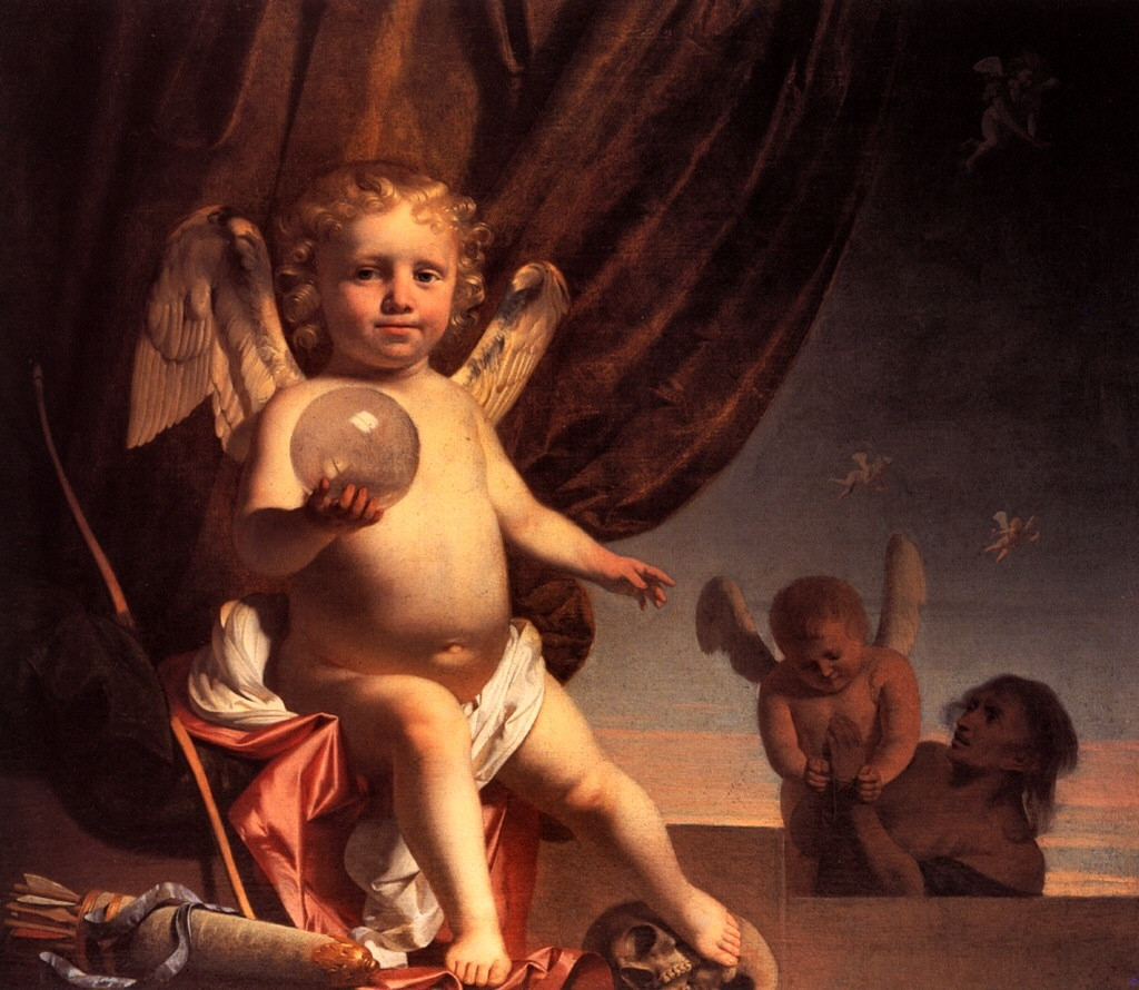 Cupid with a skull, arrows and putti — historic image