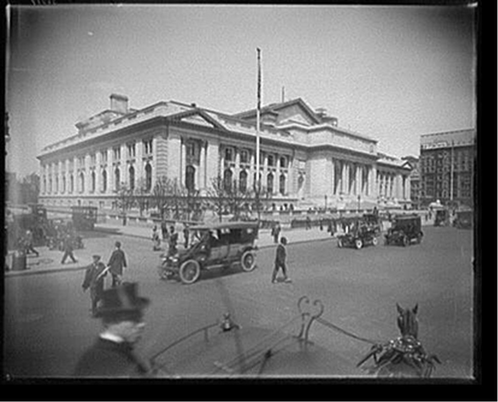 [Street traffic in front of New York Public Library], [1912] — historic photograph