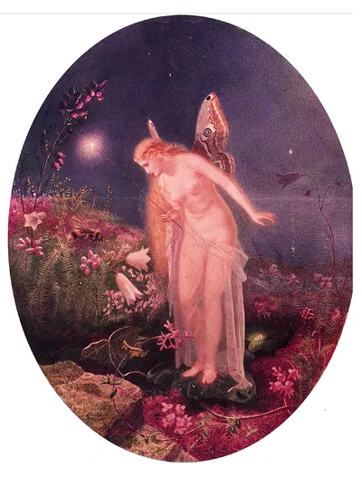 Fairy with butterfly wings among flowers at night