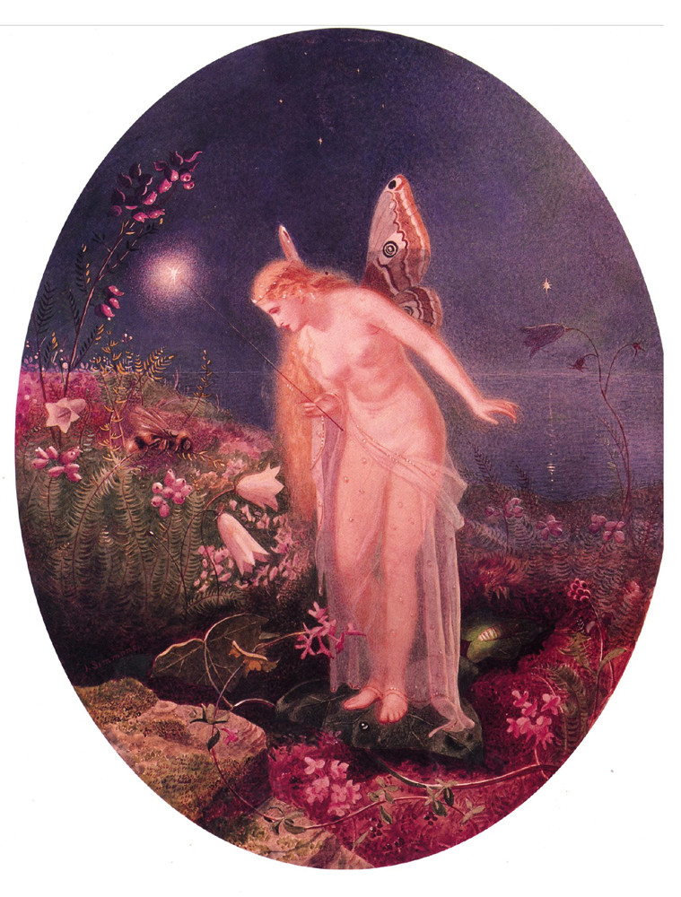 Fairy with butterfly wings among flowers at night — historic image