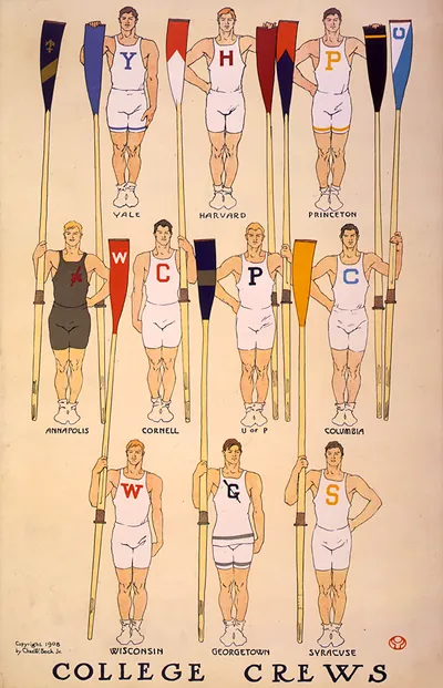 College Crews rowing poster with team oars and letters