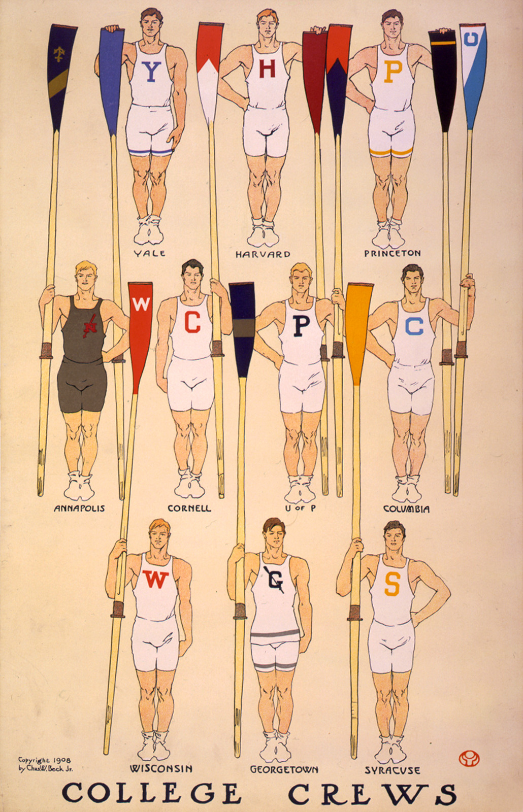 College Crews rowing poster with team oars and letters — vintage poster