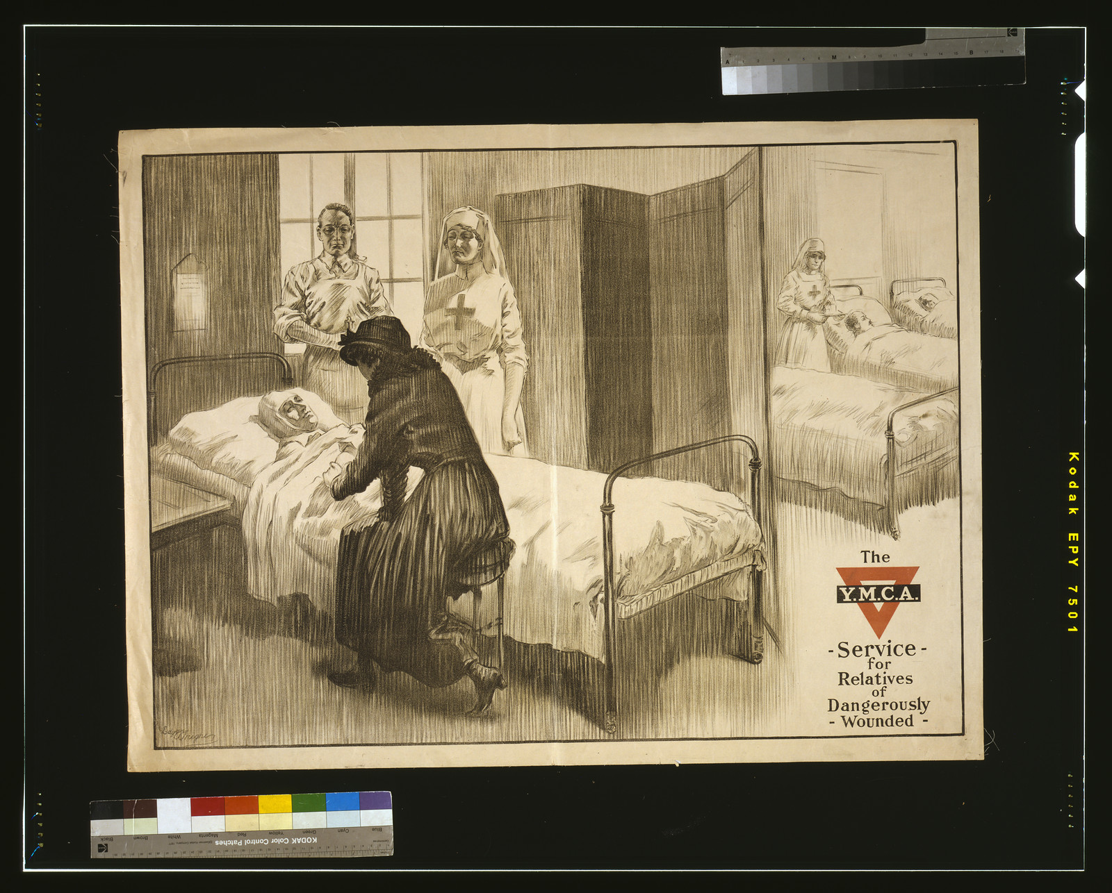 The Y.M.C.A. service for relatives of dangerously wounded / Edgar Wright., 1915 — vintage poster