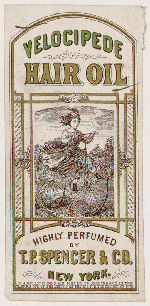 Velocipede Hair Oil label with woman riding velocipede — historic image