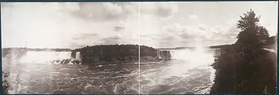 Panoramic sepia photograph of Niagara Falls and rapids