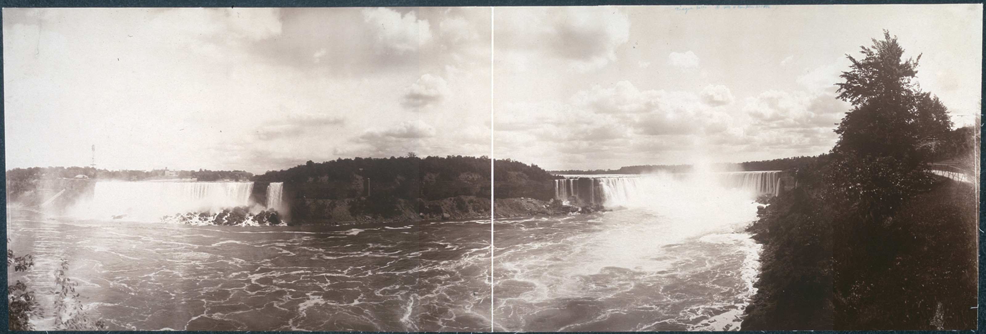 Panoramic sepia photograph of Niagara Falls and rapids — historic photograph