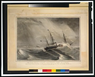 The U.S. Steam Frigate Mississippi, Com..re M.C. Perry--Going out to the relief of the American steamer Hunter a French bark [her prize] and an American pilot boat wrecked on Green Island reef near Vera Cruize March 21st, 1847 / lith. of Sarony & Major ; executed by H. Walke Lt. U.S.N.
