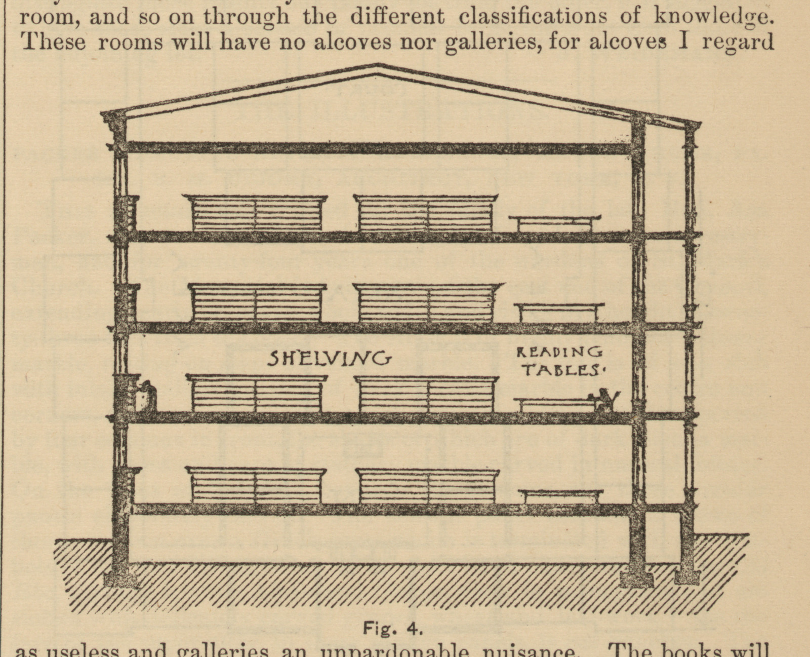 Sectional view of a library with shelving and reading tables — historic image