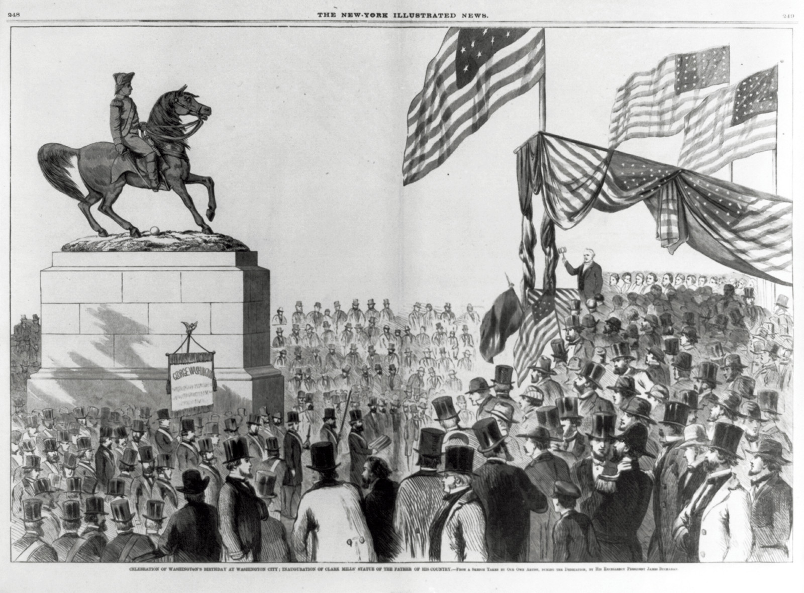 Celebration of Washington's Birthday at Washington City; Inauguration of Clark Mills' Statue of the Father of his Country, [no date recorded on caption card] — antique engraving