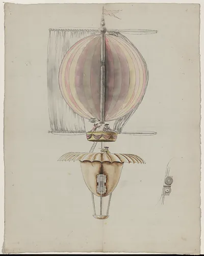Watercolour design for a balloon with rowing sails and car