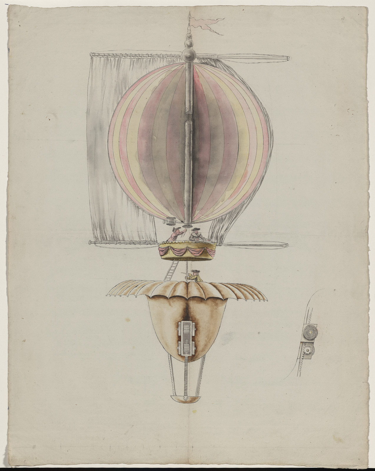 Watercolour design for a balloon with rowing sails and car — historic image