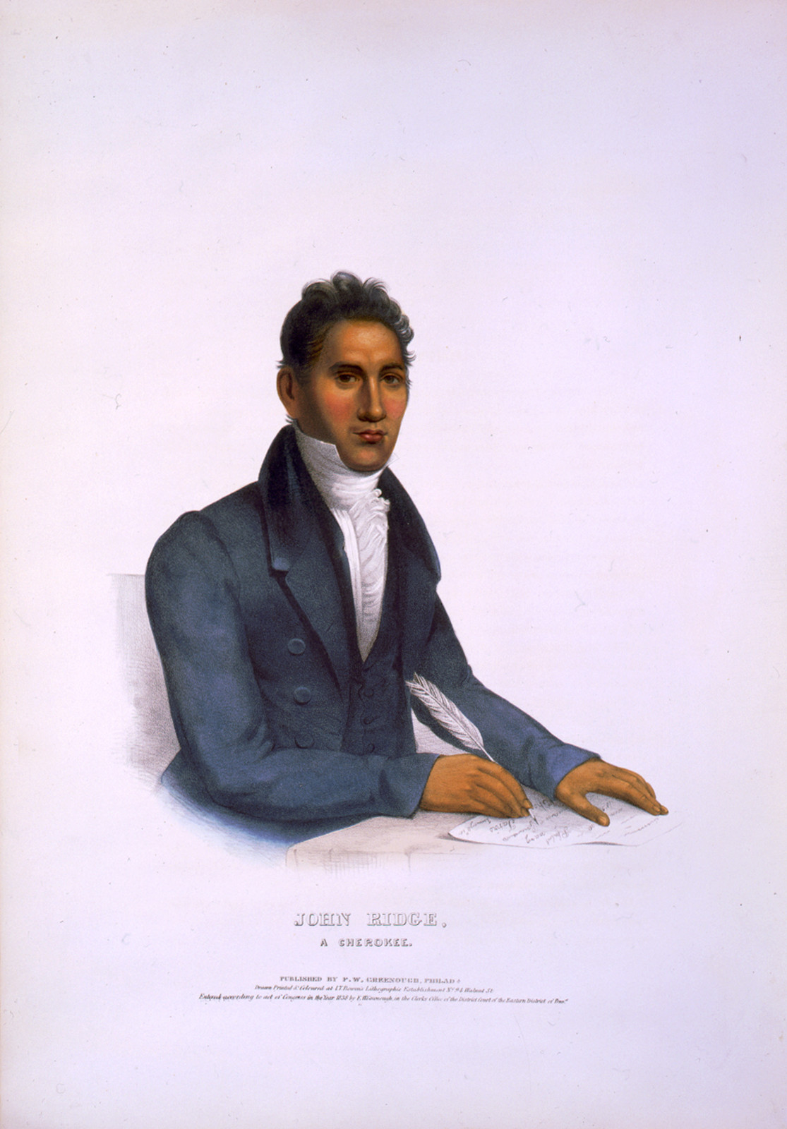 John Ridge, a Cherokee / drawn, printed & coloured at I.T. Bowen's Lithographic Establishment., Philada. : published by F.W. Greenough, c1838. — antique lithograph