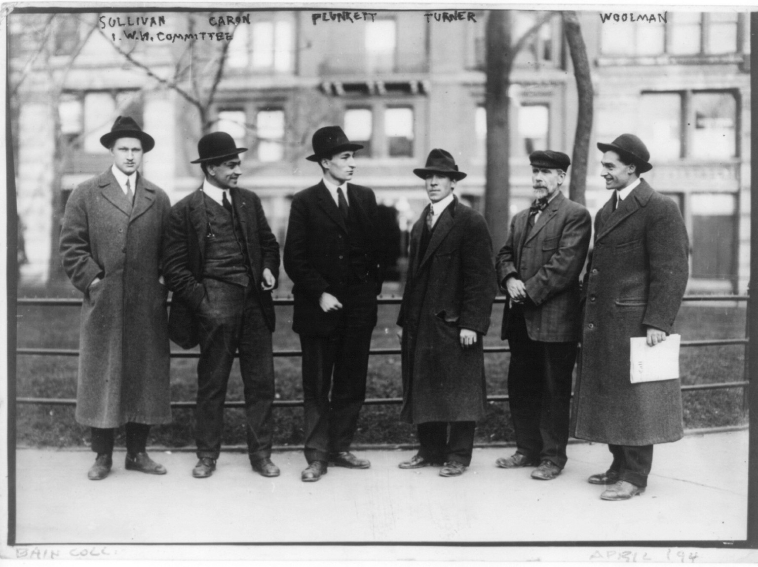 The I.W.W. Committee with Sullivan, Caron, Flunkett, Turner, and Woolman, 1914 April 11. — historic photograph