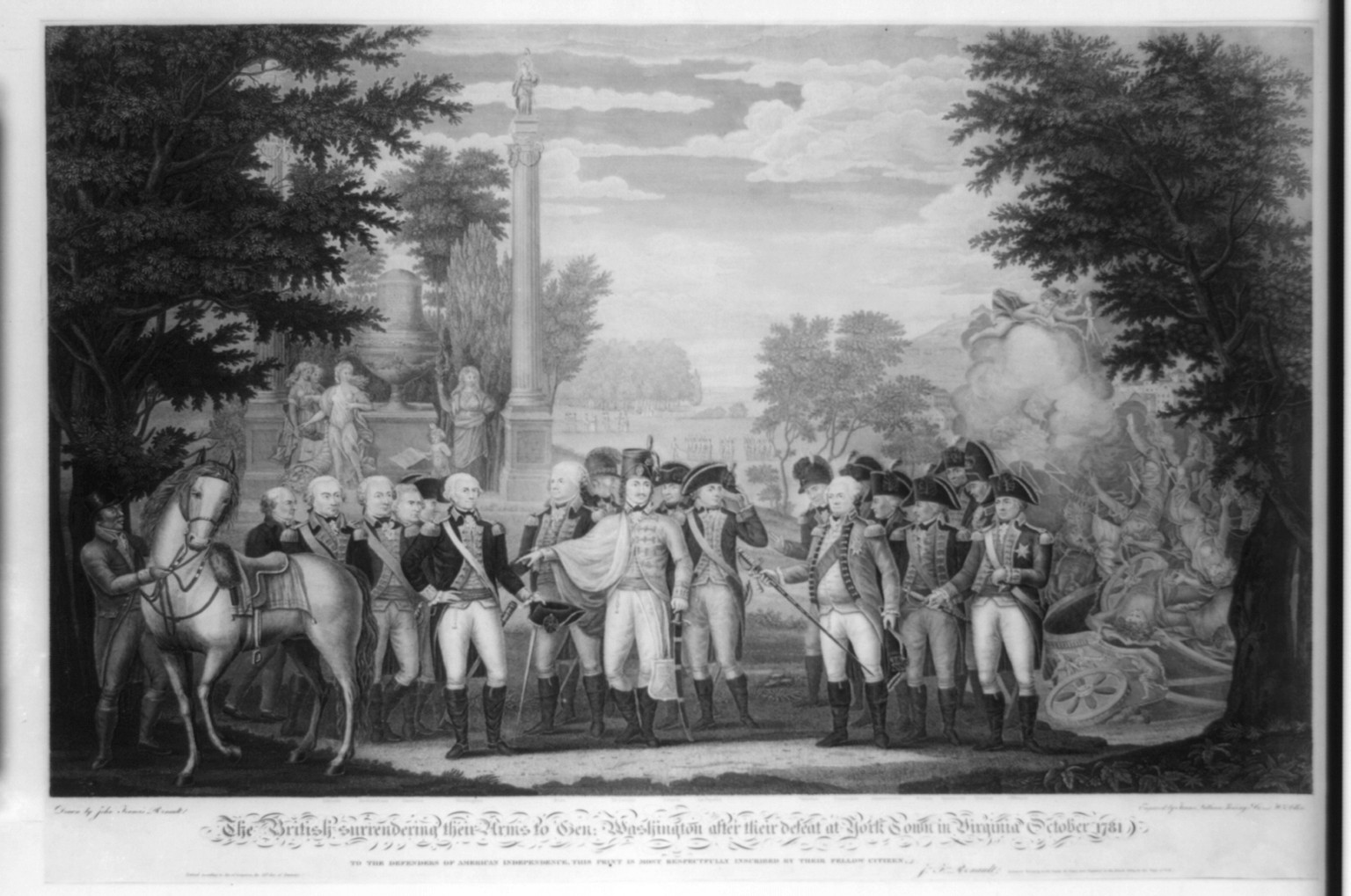 The British surrendering their arms to Gen. Washington after their defeat at YorkTown in Virginia October 1781 / drawn by John Francis Renault ; engraved by Tanner, Vallance, Kearny & Co. and Wm. Allen., c1819 January 28th. — antique engraving